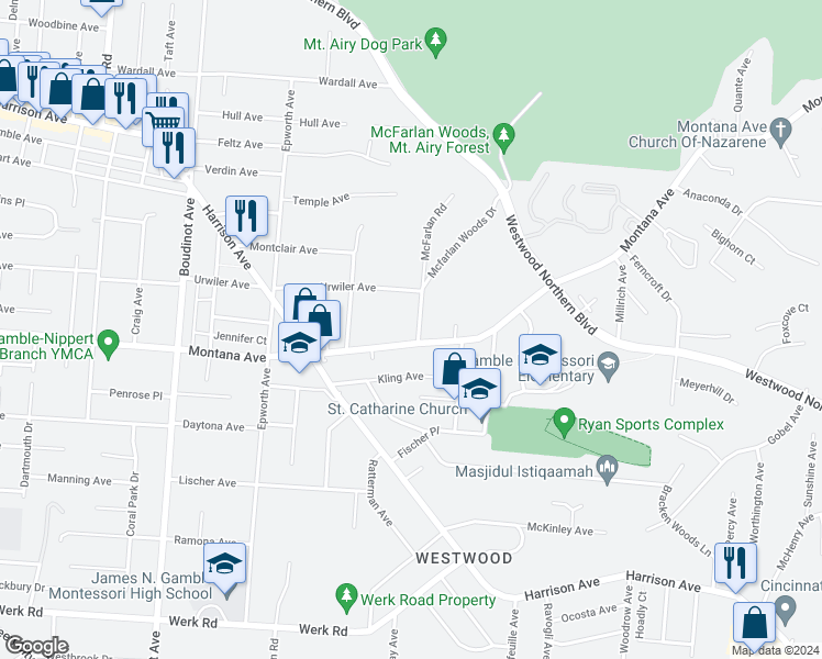 map of restaurants, bars, coffee shops, grocery stores, and more near 3411 McFarlan Road in Cincinnati