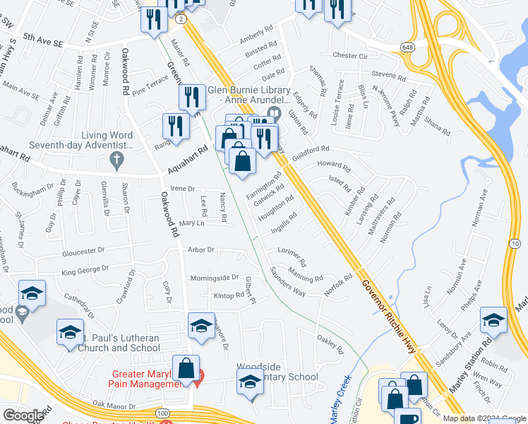 map of restaurants, bars, coffee shops, grocery stores, and more near 1420 Houghton Road in Glen Burnie