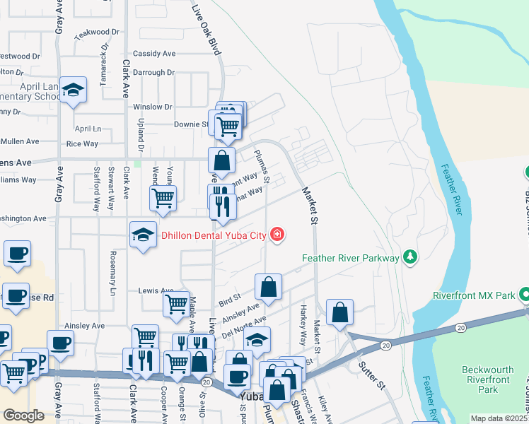 map of restaurants, bars, coffee shops, grocery stores, and more near 1298 Plumas Street in Yuba City