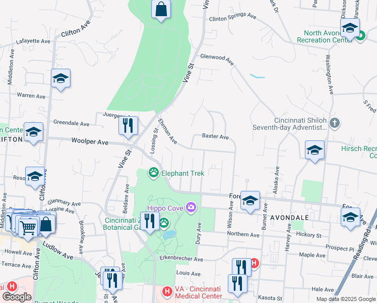 map of restaurants, bars, coffee shops, grocery stores, and more near 97 Ehrman Avenue in Cincinnati