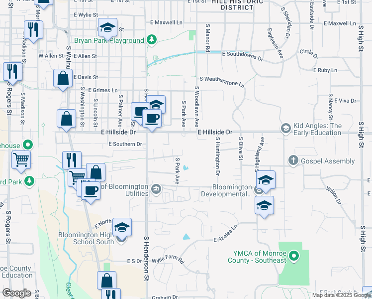 map of restaurants, bars, coffee shops, grocery stores, and more near 914 East Hillside Drive in Bloomington