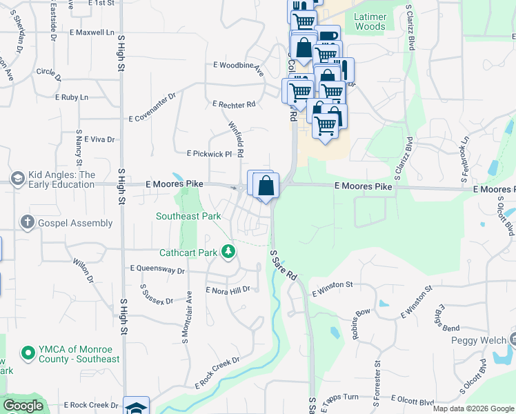 map of restaurants, bars, coffee shops, grocery stores, and more near 1562 South Ira Street in Bloomington