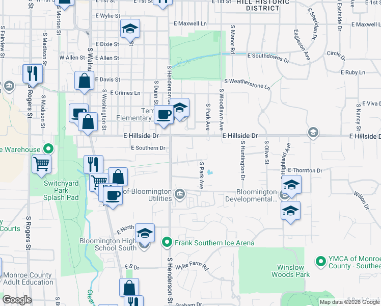 map of restaurants, bars, coffee shops, grocery stores, and more near 1603 South Greystone Court in Bloomington