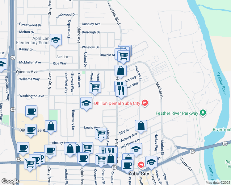 map of restaurants, bars, coffee shops, grocery stores, and more near 1424 Live Oak Boulevard in Yuba City