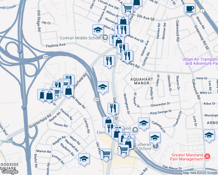 map of restaurants, bars, coffee shops, grocery stores, and more near 1423 Braden Loop in Glen Burnie
