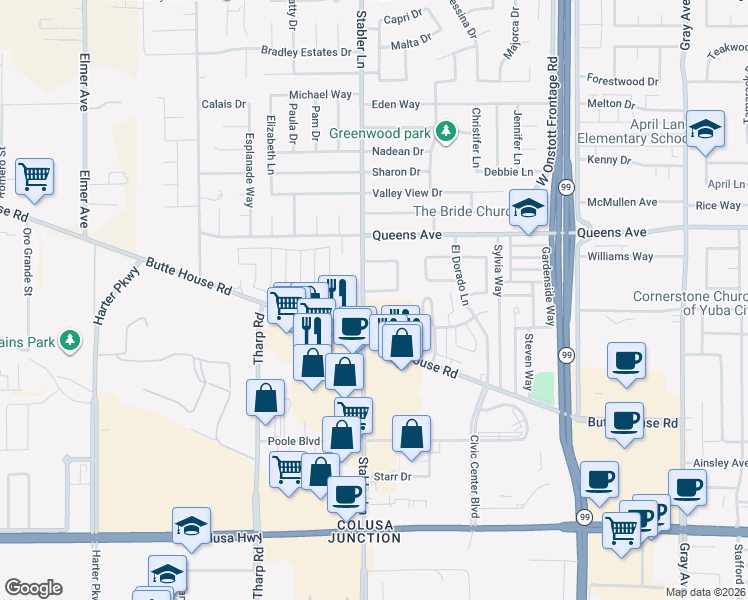 map of restaurants, bars, coffee shops, grocery stores, and more near 1450 Stabler Lane in Yuba City