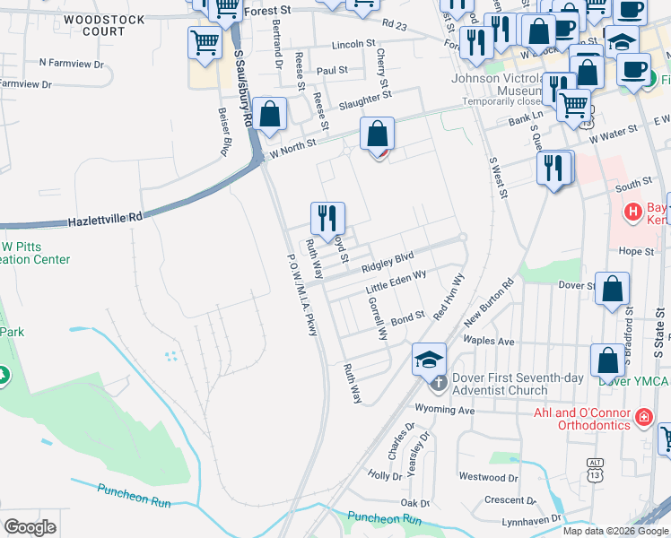 map of restaurants, bars, coffee shops, grocery stores, and more near 515 Ann Moore Street in Dover