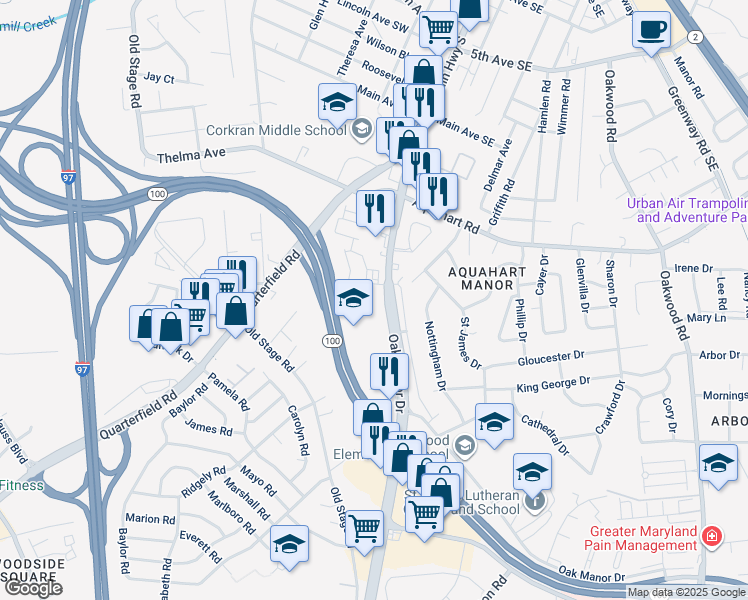 map of restaurants, bars, coffee shops, grocery stores, and more near 1423 Braden Loop in Glen Burnie