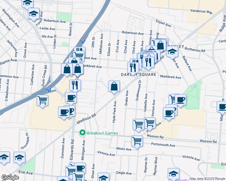 map of restaurants, bars, coffee shops, grocery stores, and more near 3820 Eileen Drive in Cincinnati