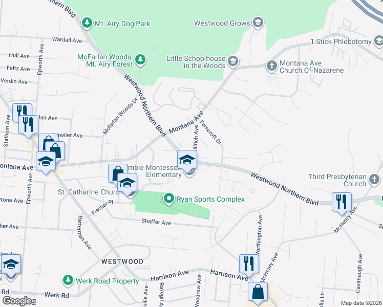 map of restaurants, bars, coffee shops, grocery stores, and more near 3423 Millrich Avenue in Cincinnati