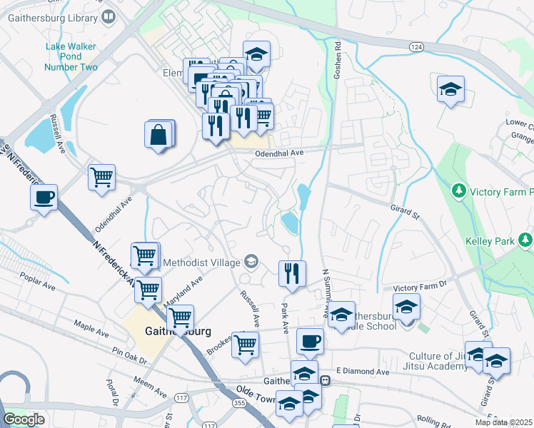 map of restaurants, bars, coffee shops, grocery stores, and more near Fellowship Circle in Gaithersburg