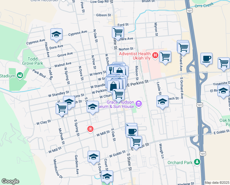 map of restaurants, bars, coffee shops, grocery stores, and more near 189 South School Street in Ukiah