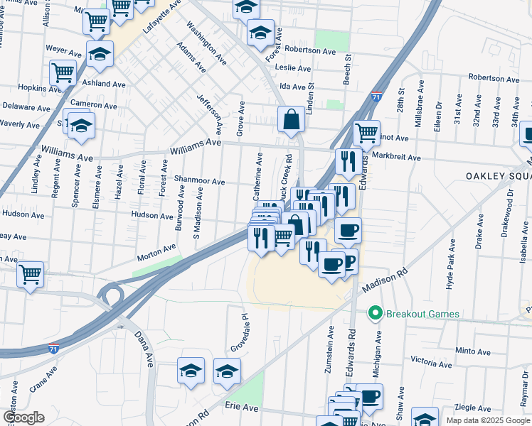 map of restaurants, bars, coffee shops, grocery stores, and more near 3926 Catherine Avenue in Cincinnati