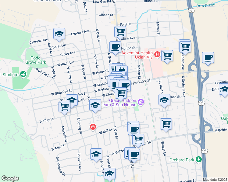 map of restaurants, bars, coffee shops, grocery stores, and more near in Ukiah