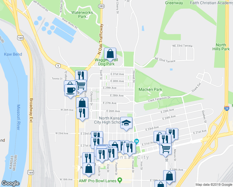 map of restaurants, bars, coffee shops, grocery stores, and more near 340 East 28th Avenue in North Kansas City