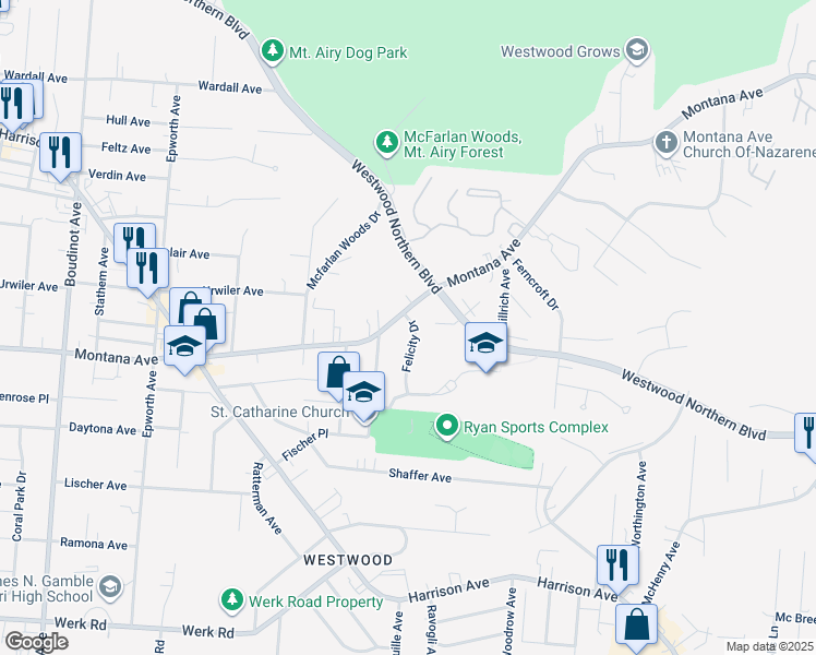 map of restaurants, bars, coffee shops, grocery stores, and more near 3359 Felicity Drive in Cincinnati