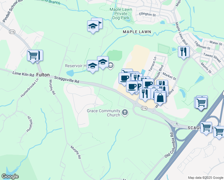 map of restaurants, bars, coffee shops, grocery stores, and more near 11509 Scaggsville Road in Fulton
