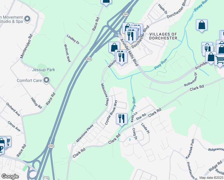 map of restaurants, bars, coffee shops, grocery stores, and more near 7726 Terraview Court in Hanover