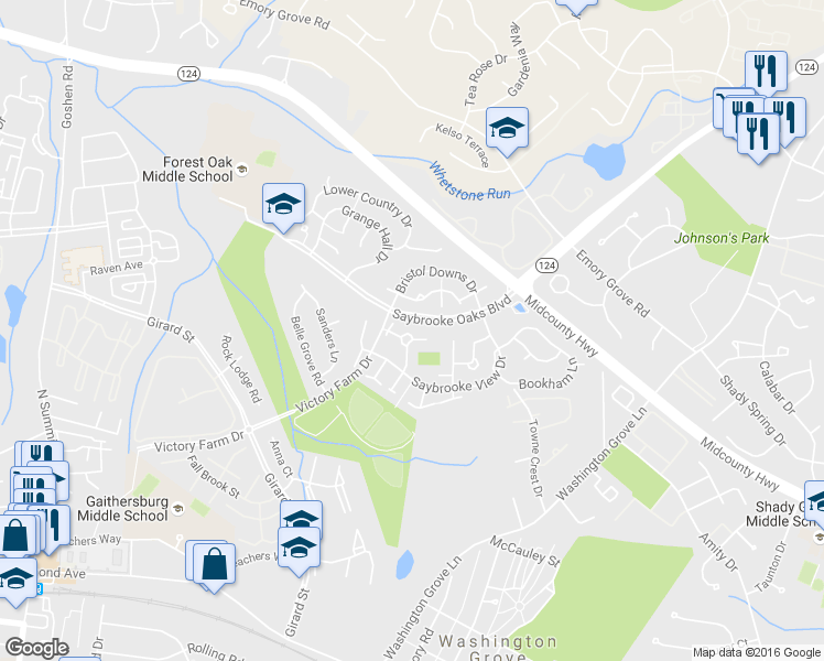 map of restaurants, bars, coffee shops, grocery stores, and more near 210 Fairgrove Circle in Gaithersburg