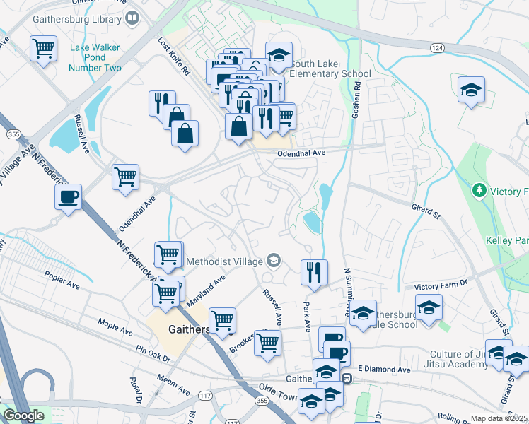 map of restaurants, bars, coffee shops, grocery stores, and more near 301 Russell Avenue in Gaithersburg
