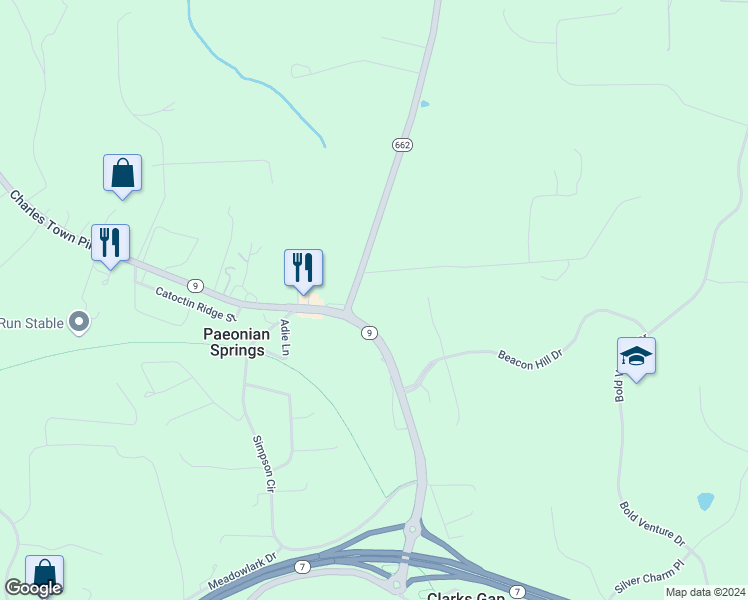 map of restaurants, bars, coffee shops, grocery stores, and more near 16882 Clarkes Gap Road in Paeonian Springs