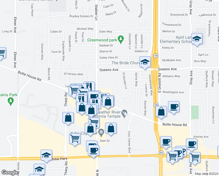 map of restaurants, bars, coffee shops, grocery stores, and more near 1574 Heather Drive in Yuba City