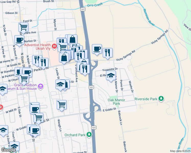 map of restaurants, bars, coffee shops, grocery stores, and more near 350 El Rio Court in Ukiah
