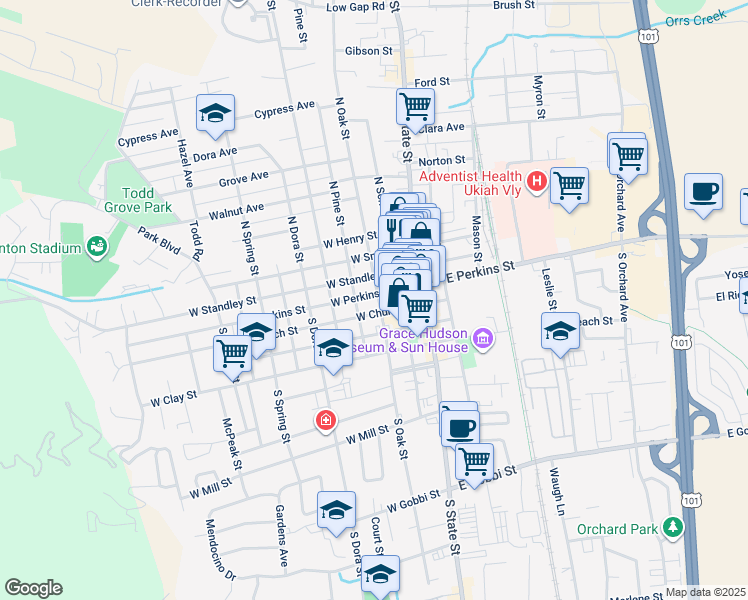 map of restaurants, bars, coffee shops, grocery stores, and more near 300 West Perkins Street in Ukiah