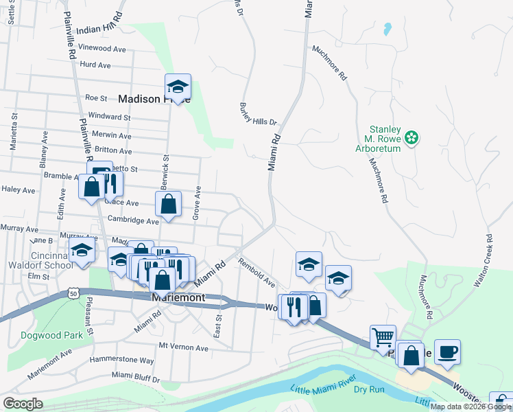 map of restaurants, bars, coffee shops, grocery stores, and more near 7010 Rowan Hill Drive in Cincinnati