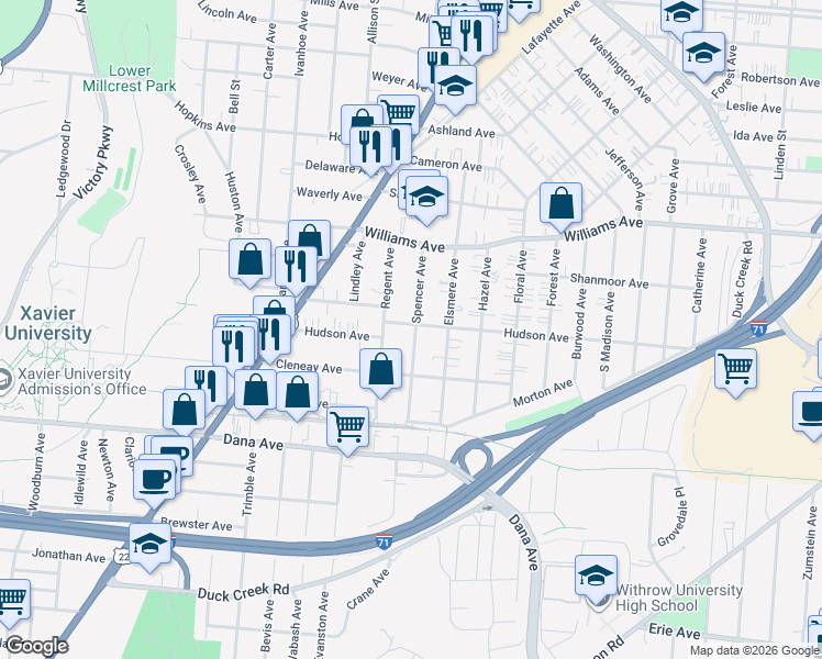 map of restaurants, bars, coffee shops, grocery stores, and more near 3904 Regent Avenue in Cincinnati