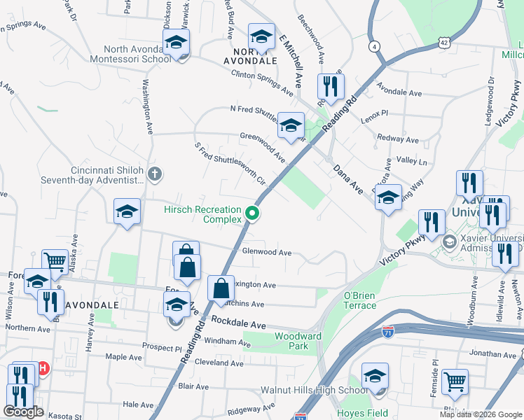 map of restaurants, bars, coffee shops, grocery stores, and more near 3655 Reading Road in Cincinnati