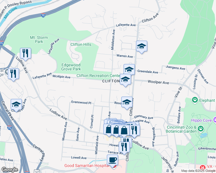 map of restaurants, bars, coffee shops, grocery stores, and more near in Cincinnati