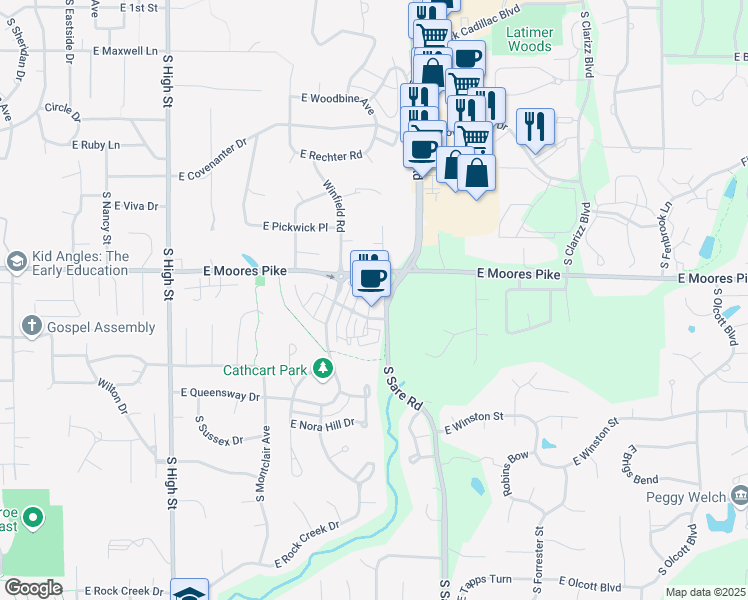map of restaurants, bars, coffee shops, grocery stores, and more near 2601 East Cargill Drive in Bloomington