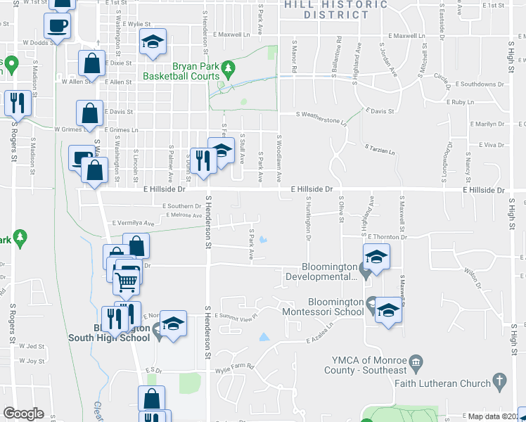 map of restaurants, bars, coffee shops, grocery stores, and more near 914 East Hillside Drive in Bloomington