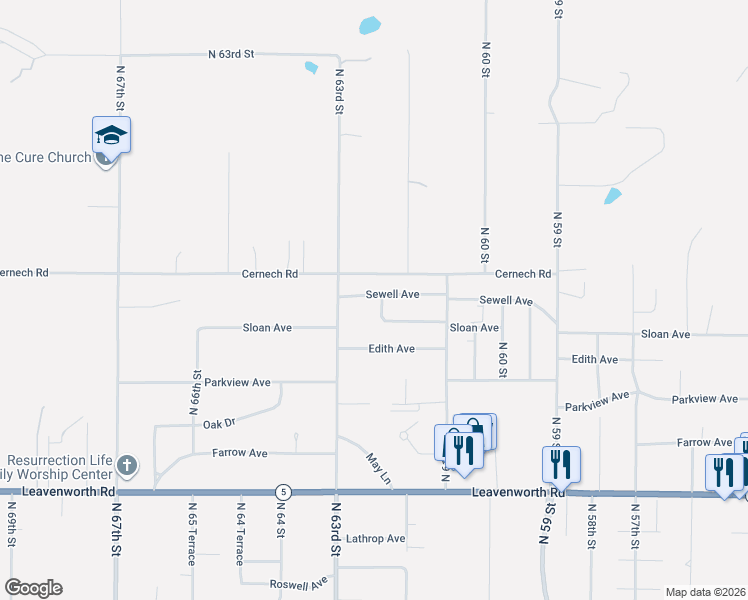 map of restaurants, bars, coffee shops, grocery stores, and more near 6241 Cernech Road in Kansas City