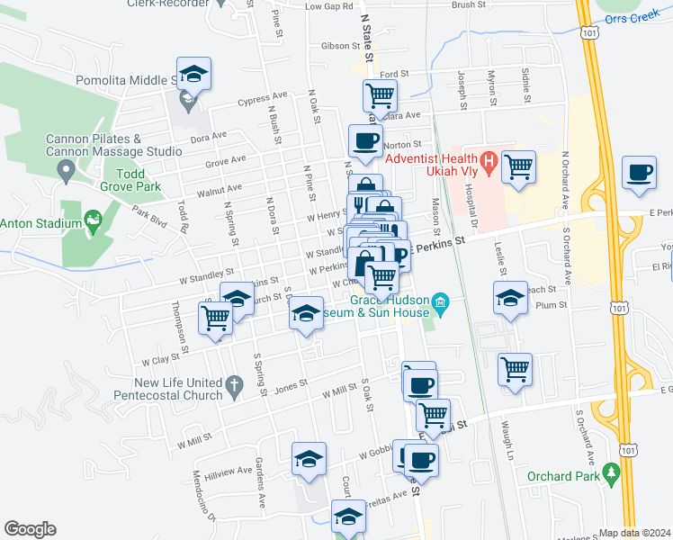 map of restaurants, bars, coffee shops, grocery stores, and more near 309 West Perkins Street in Ukiah