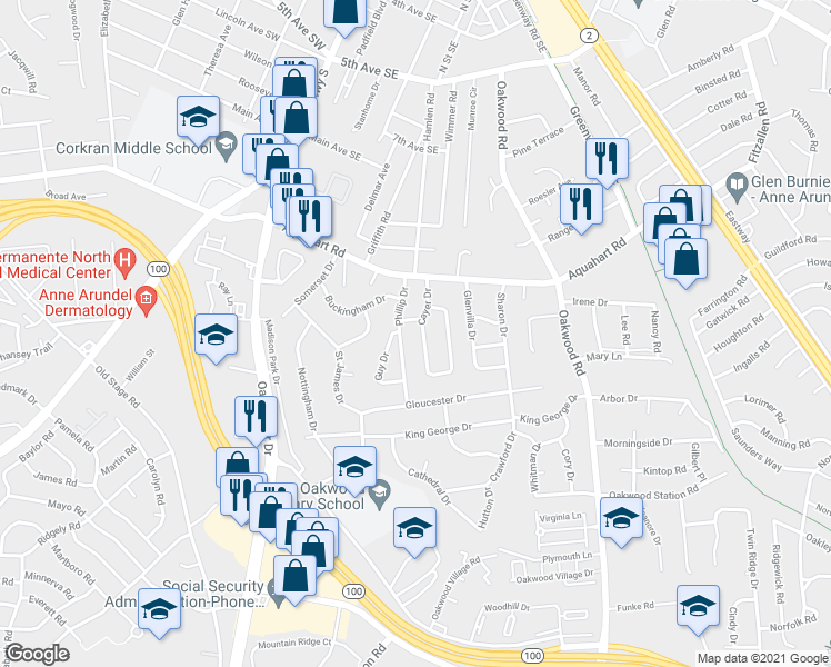 map of restaurants, bars, coffee shops, grocery stores, and more near 1014 Cayer Drive in Glen Burnie
