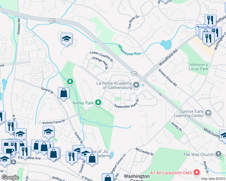 map of restaurants, bars, coffee shops, grocery stores, and more near 210 Fairgrove Circle in Gaithersburg