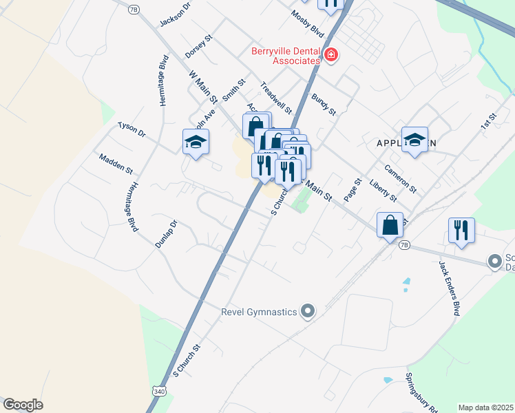 map of restaurants, bars, coffee shops, grocery stores, and more near 902 Timber Ln in Clarke
