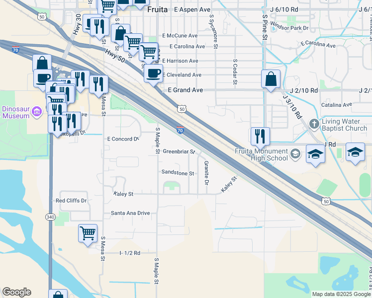 map of restaurants, bars, coffee shops, grocery stores, and more near 601 Greenbriar Street in Fruita