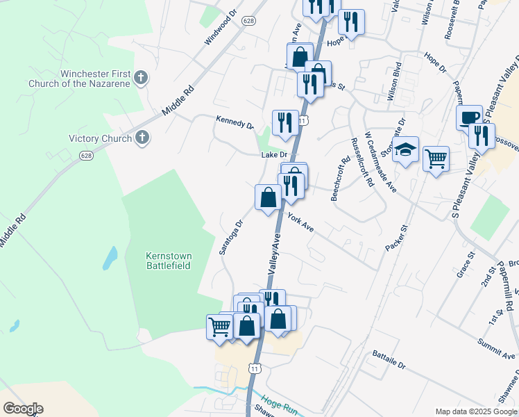 map of restaurants, bars, coffee shops, grocery stores, and more near 601 Dulles Circle in Winchester