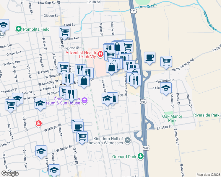 map of restaurants, bars, coffee shops, grocery stores, and more near 351 Warren Drive in Ukiah
