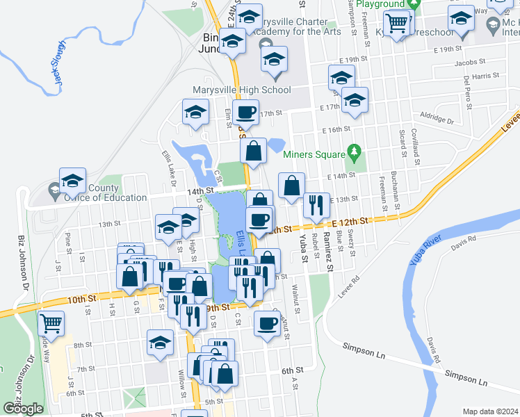 map of restaurants, bars, coffee shops, grocery stores, and more near 124 13th Street in Marysville