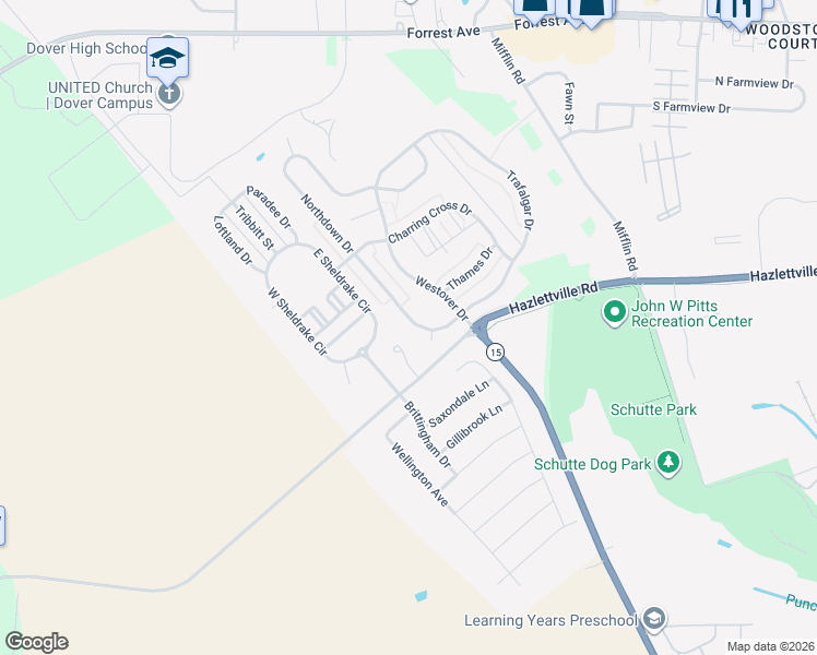 map of restaurants, bars, coffee shops, grocery stores, and more near 213 Northdown Drive in Dover