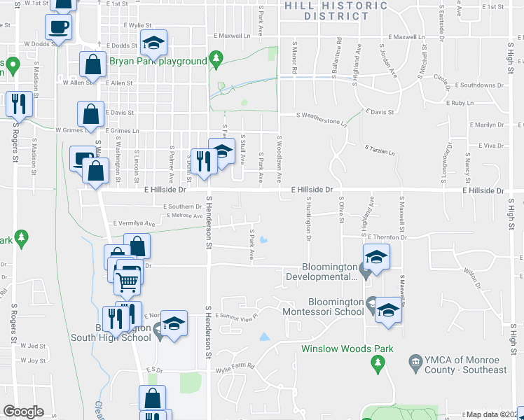 map of restaurants, bars, coffee shops, grocery stores, and more near 1611 South Troy Court in Bloomington