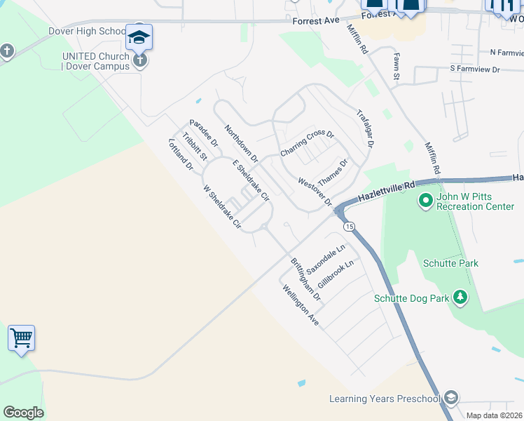 map of restaurants, bars, coffee shops, grocery stores, and more near 139 East Sheldrake Circle in Dover
