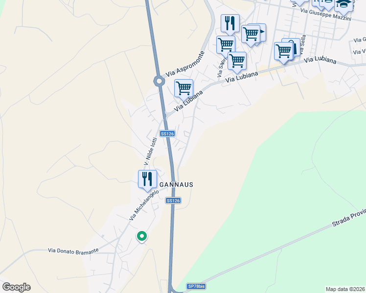 map of restaurants, bars, coffee shops, grocery stores, and more near 8 Via Solki in Carbonia