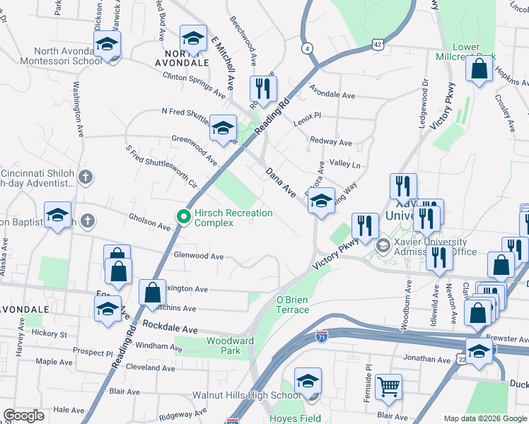 map of restaurants, bars, coffee shops, grocery stores, and more near 968 Burton Avenue in Cincinnati