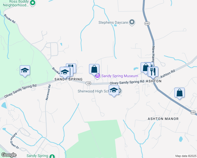map of restaurants, bars, coffee shops, grocery stores, and more near 17901 Bentley Road in Ashton-Sandy Spring