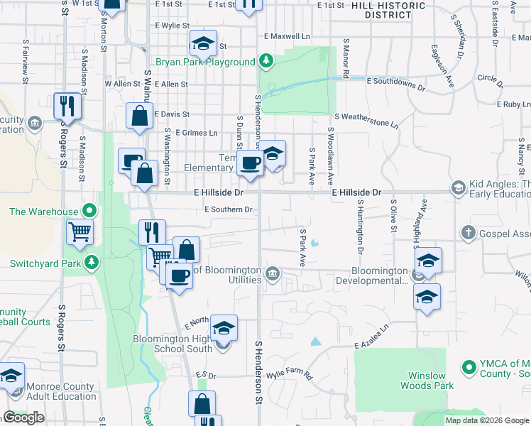 map of restaurants, bars, coffee shops, grocery stores, and more near 606 East Hillside Drive in Bloomington